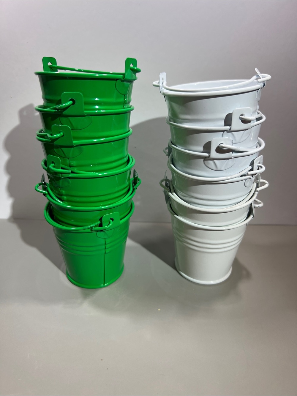 Set of Mini Metal Buckets - Green & White